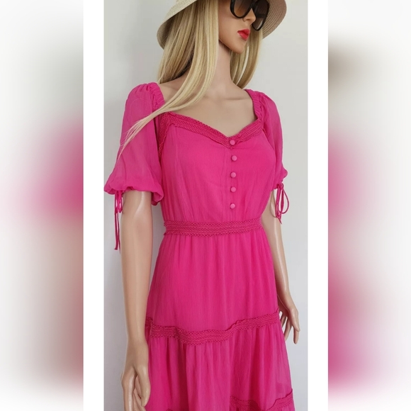 RACHEL PARCELL MAGENTA TIERED SHORT SLEEVES SUNDAY PARTY MIDI DRESS MEDIUM M NWT - Picture 4 of 16